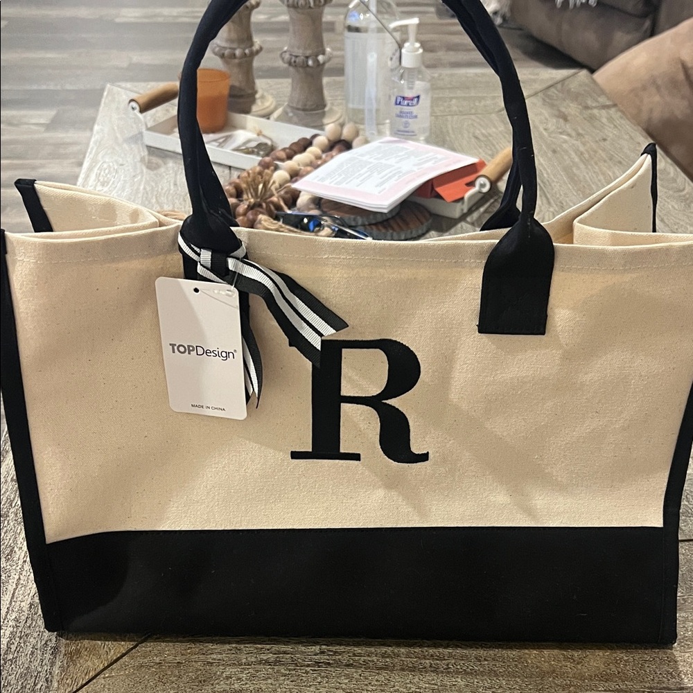 NWT Black and Cream Tote Bag with Initial R